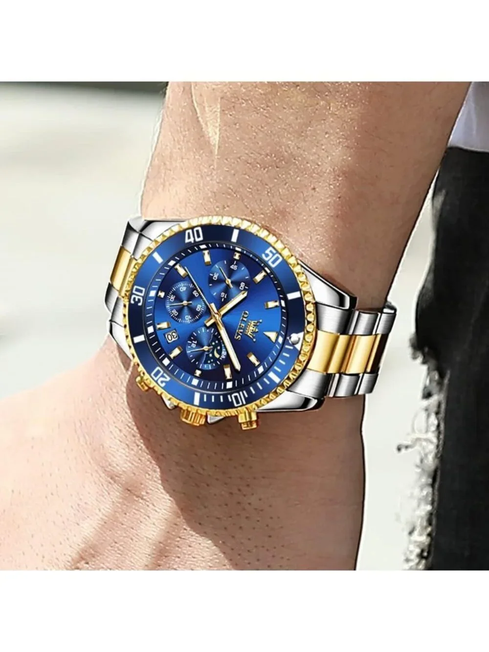 Men's Blue Premium Gold and Silver Stainless Analog Rotatable Bezel Steel Watch